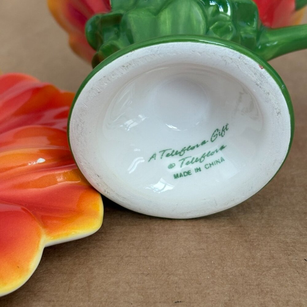 Flower Shaped Teacup & Saucer Red Orange Floral Ceramic - Picture 8 of 11